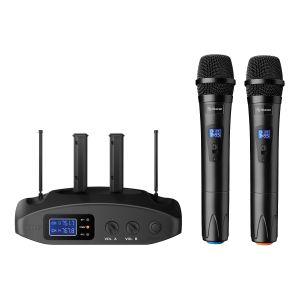 Sistema profesional de 2 micrófonos inalámbricos UHF, con batería recargable