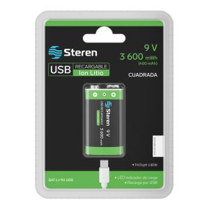 Batería recargable USB Li-Ion tipo 9V (cuadrada), de 3600 mWh