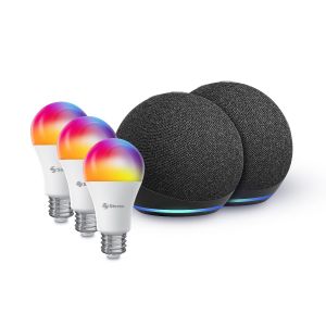 Promoción de 2 Alexas* ECHO DOT 4ª Gen negras, más 3 bombillos Wi-Fi*