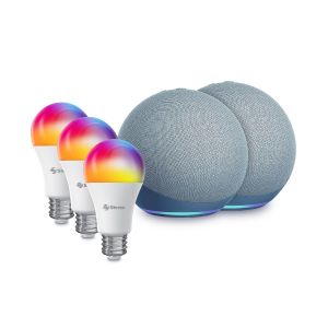 Promoción de 2 Alexas* ECHO DOT 4ª Gen azules, más 3 bombillos Wi-Fi*