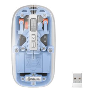 Mouse Bluetooth*/ RF, multidispositivo con batería recargable 800 / 1200 / 1600 DPI, transparente color azul